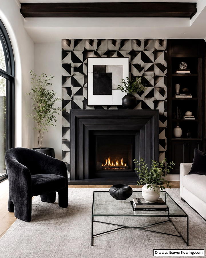 Contemporary Geometric Accents - 30 Bold Black Fireplace Ideas to Elevate Your Living Room