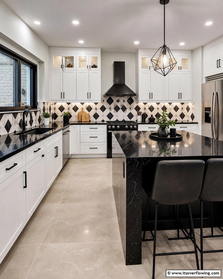 Contemporary Geometric Design - 21 Backsplash Ideas for White Cabinets and Granite Counters