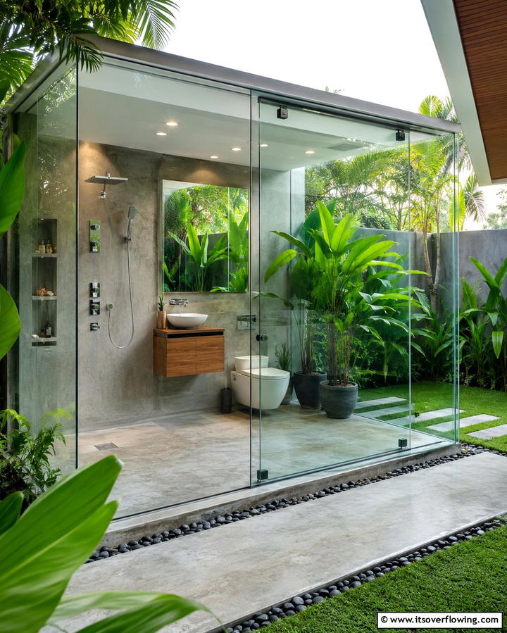 Contemporary Glass Retreat - 30 Outdoor Bathroom Ideas for a Luxurious Backyard Oasis