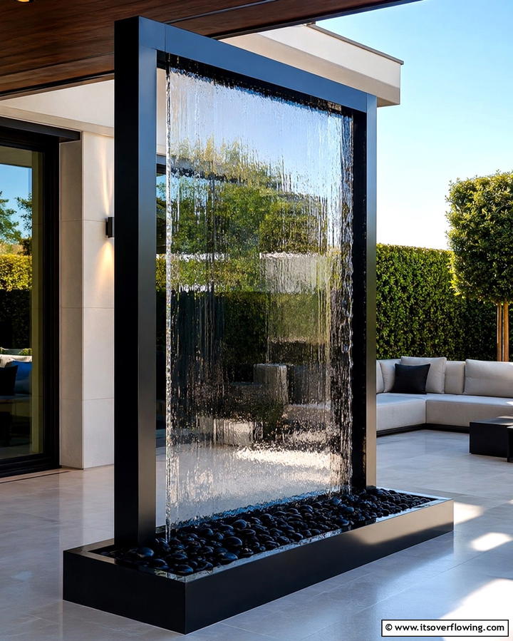 Contemporary Glass Waterfall - 25 Pondless Waterfall Design Ideas for a Serene Backyard