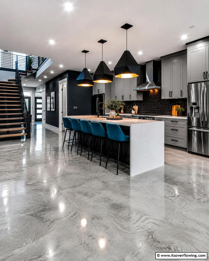 Contemporary Grey Kitchen with Statement Lighting - 30 Kitchens with Grey Floors- Sleek & Modern Flooring Ideas