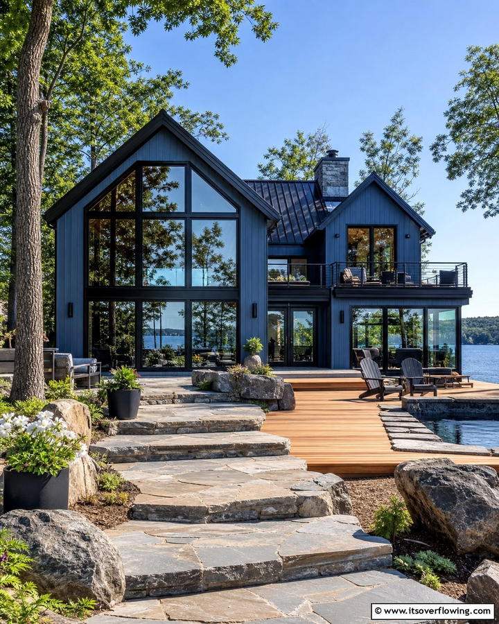 Contemporary Lakehouse Retreat - 25 Blue House With Black Trim Ideas for a Striking Exterior