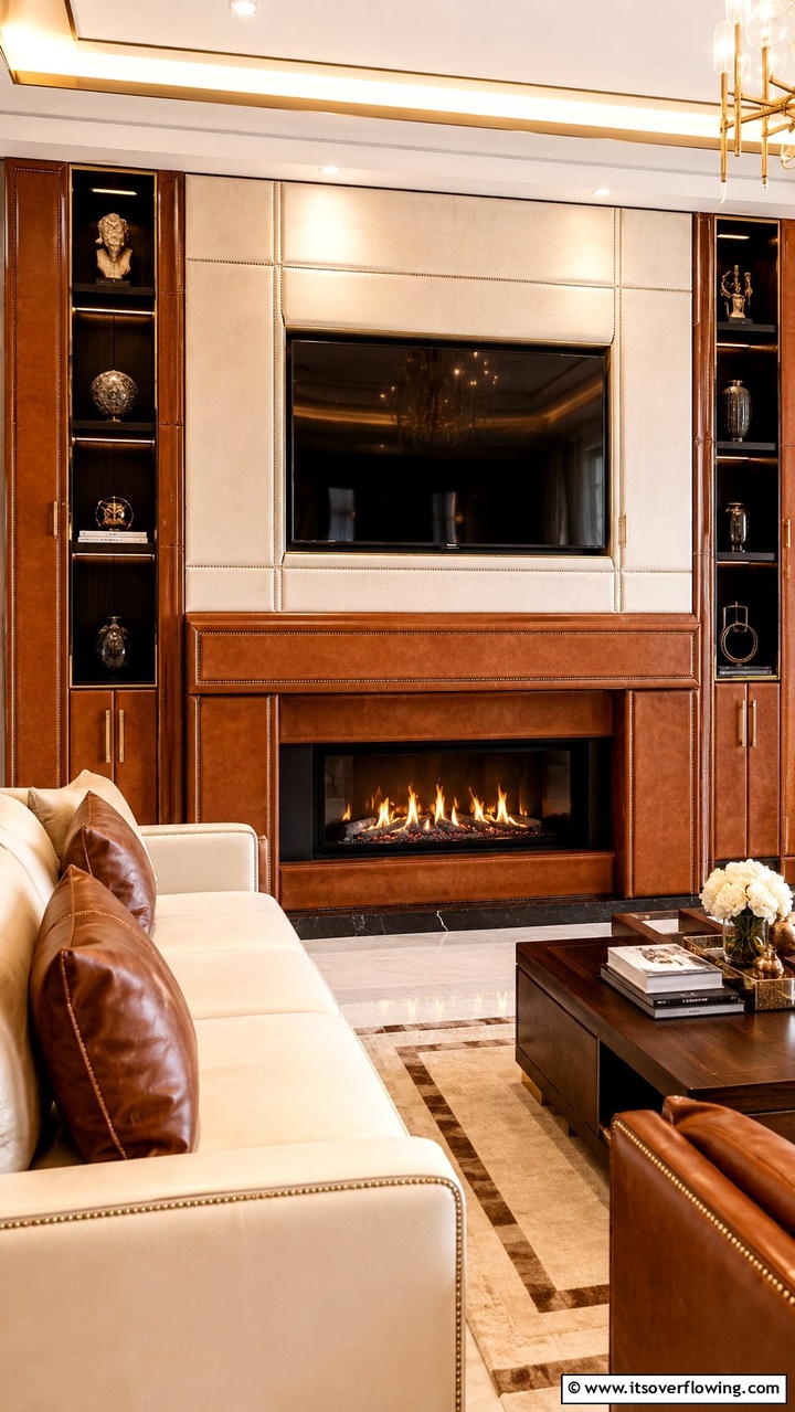Contemporary Leather Finish - 21 Stylish TV Over Fireplace Ideas for Modern Living Rooms