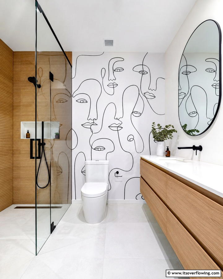 Contemporary Line Art - 30 Bathroom Mural Ideas for Bold and Artistic Wall Designs