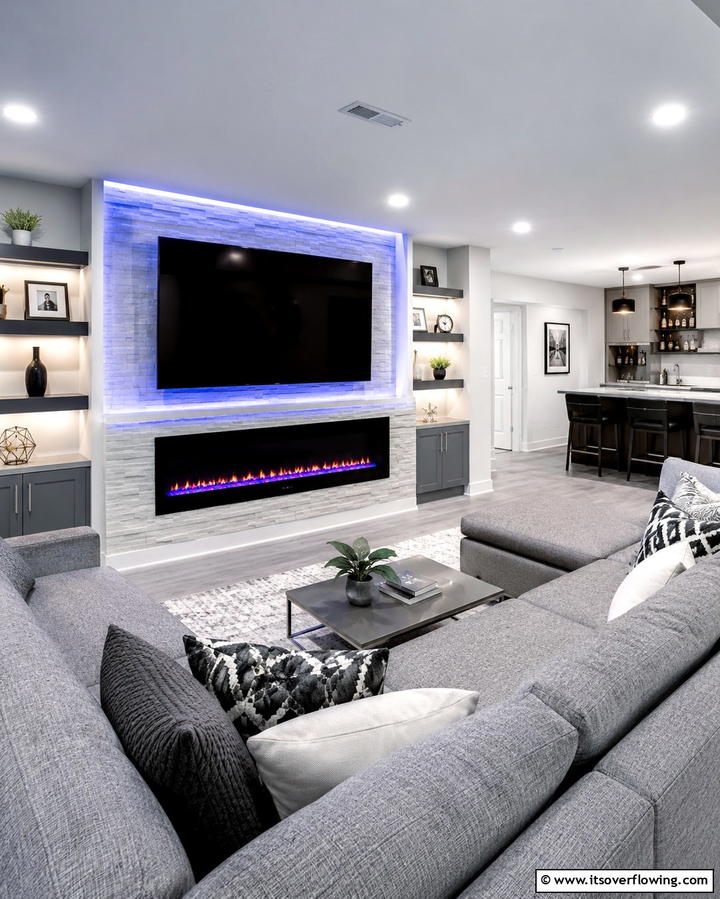 Contemporary Linear Fireplace - 25 Cozy Basement Fireplace Ideas for Warm Gatherings