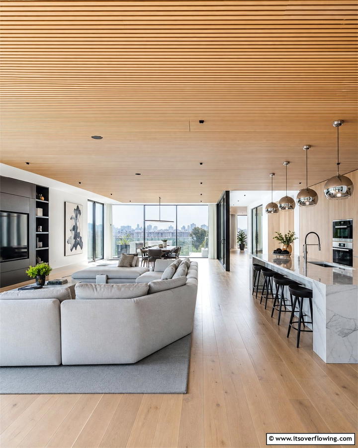 Contemporary Linear Wood Slat Ceiling - 30 Wood Slat Ceiling Ideas for Textured Modern Interiors
