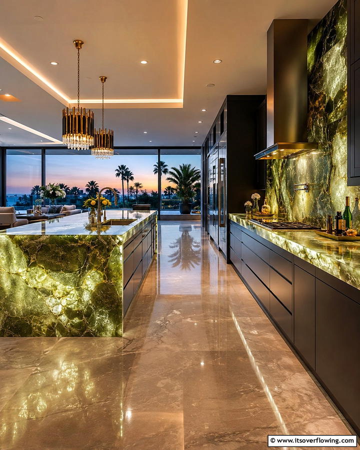 Contemporary Luxury with Deep Green Onyx - 25 Kitchen With Green Countertops Ideas for Freshness