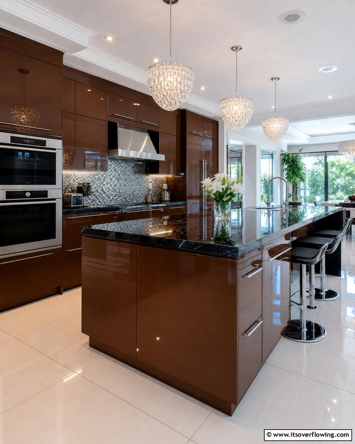 Contemporary Luxury with Glossy Finishes - 25 Brown Kitchen Cabinets With Black Countertops