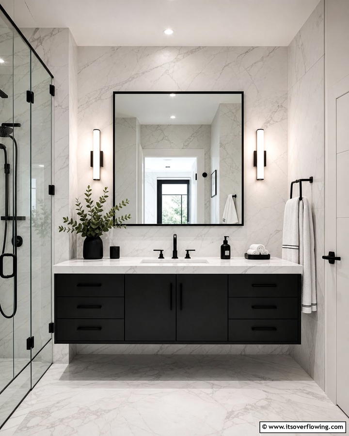 Contemporary Marble with Black Fixtures - 30 Luxurious Marble Bathroom Ideas for a Spa-Like Retreat