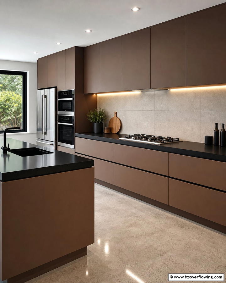 Contemporary Minimalism with Matte Finishes - 20 Kitchen Ideas with Brown Cabinets and Black Countertops