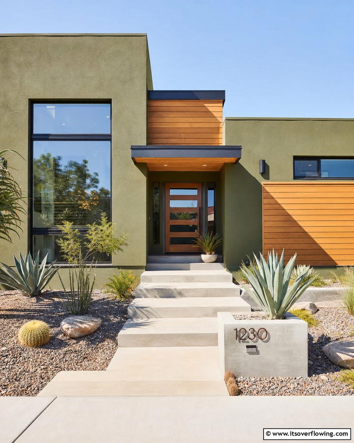 Contemporary Olive Facade - 21 Dark Green Exterior Paint Color Schemes for Modern Homes