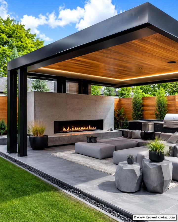 Contemporary Pavilion with Linear Fireplace - 25 Backyard Pavilion With Fireplace Ideas for Cozy Nights