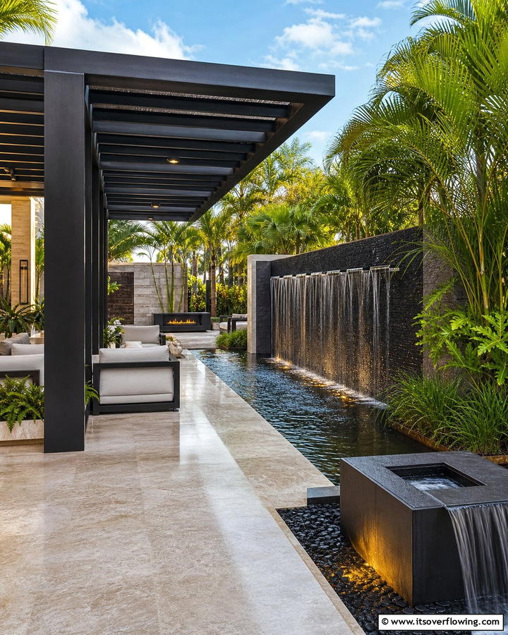 Contemporary Pergola with Water Features - 21 Pergola Patio Designs for Structured Outdoor Shade Solutions