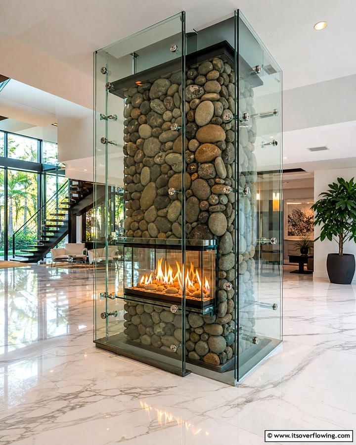 Contemporary River Rock and Glass Design - 25 River Rock Fireplace Ideas for a Natural Look
