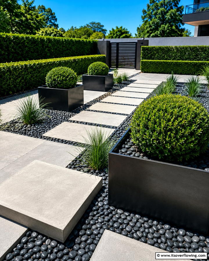 Contemporary Rock Landscape Design - 30 Natural Black River Rock Landscaping Ideas for Texture