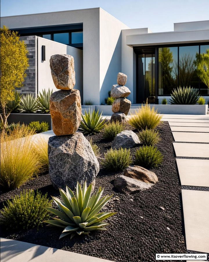 Contemporary Rock Sculpture - 21 Front Yard Landscaping Ideas With Rocks and Mulch