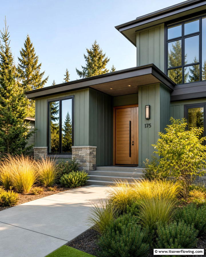 Contemporary Sage Green with Grayish Brown Trim - 25 Sage Green House With Brown Trim Ideas for Curb Appeal