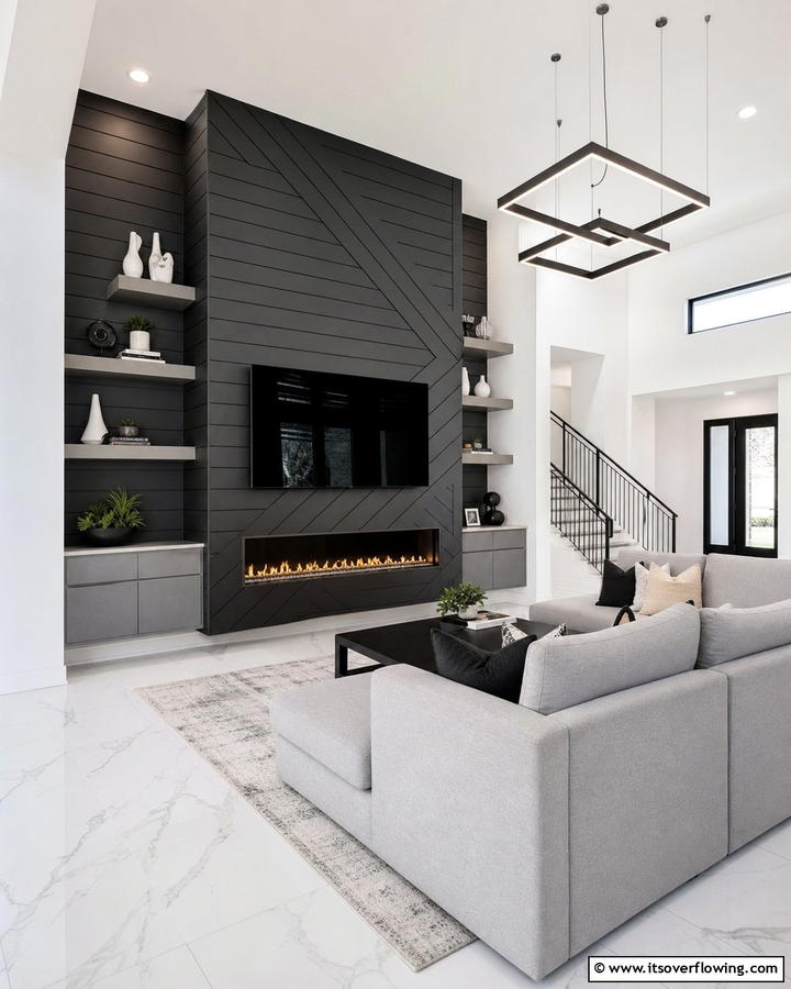 Contemporary Shiplap Statement - 21 Shiplap Fireplace Design Ideas to Cozy Up Your Home