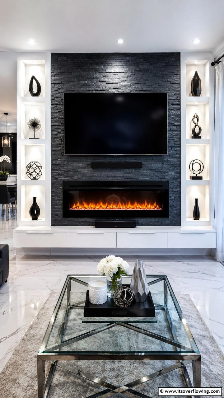 Contemporary Wall Mounted Electric Fireplace and TV Setup - 30 Electric Fireplace Ideas With TV Above for Cozy Spaces