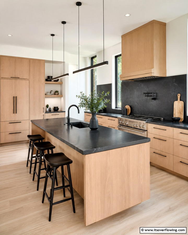 Contemporary White Oak and Black Accents - 30 White Oak Cabinet Kitchen Ideas for Timeless Style