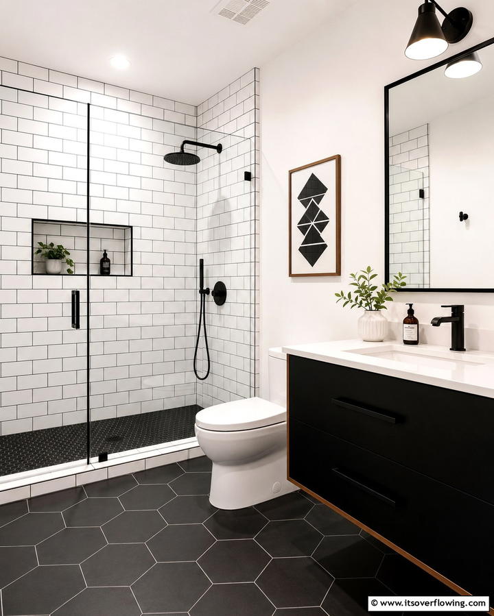 Contrast Grout in Shower Tiles - 25 Small Bathroom Walk-in Shower Ideas for Modern Homes