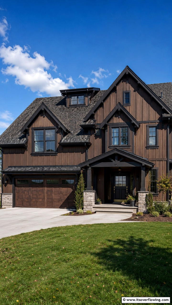 Contrast Roofing Details - 30 Dark Brown House With Black Trim Exterior Design Ideas