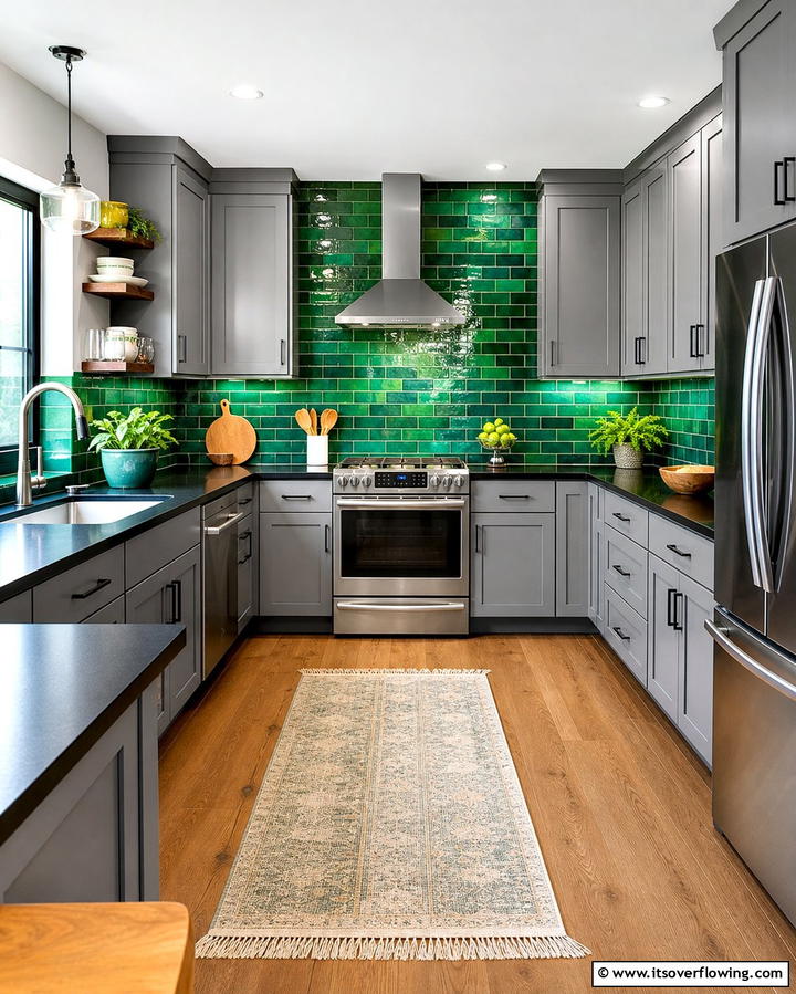 Contrast with Bright Backsplashes - 25 Kitchen Ideas with Gray Cabinets and Black Countertops