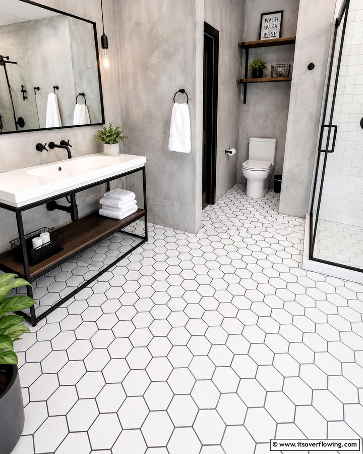 Contrast with Dark Grout and Light Hexagon Tiles - 30 Bathrooms with Hexagon Tile Floor Design Ideas