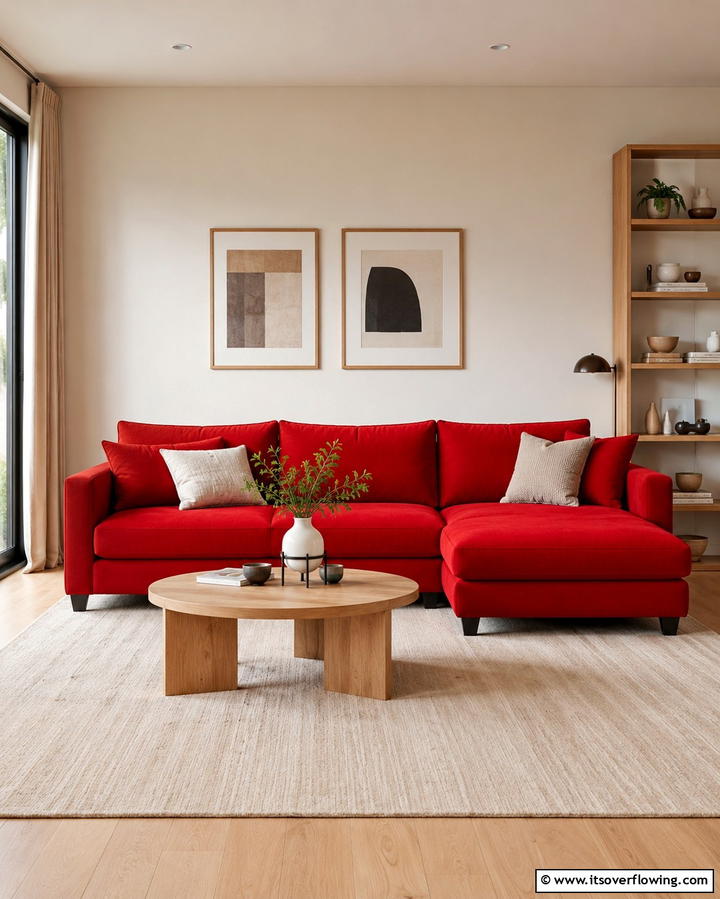 Contrast with Neutral Walls - 25 Red Couch Living Room Ideas to Make a Statement