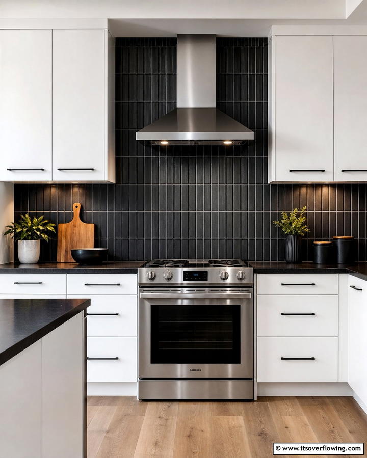 Contrast with a Dark Backsplash - 25 White Kitchen with Stainless Steel Appliances Ideas