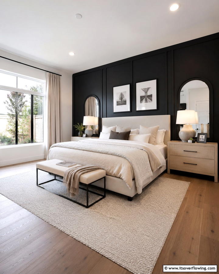 Contrasting Black Accent Wall - 25 Elegant Black and Beige Bedroom Design Ideas