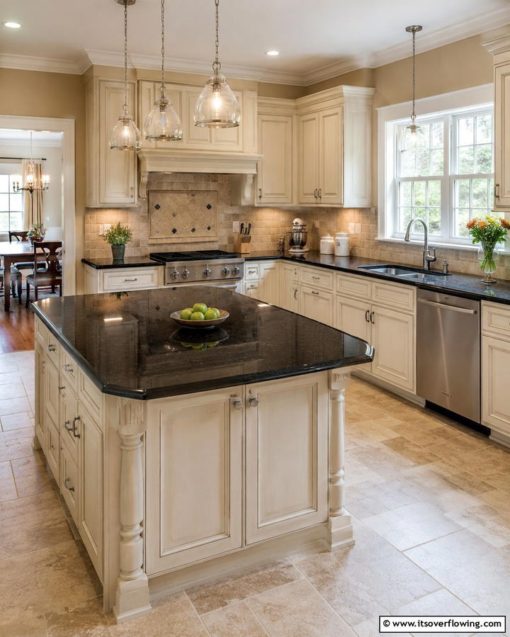 Contrasting Black Granite Island - 30 Sleek Black Granite Countertop Kitchen Designs for Luxury