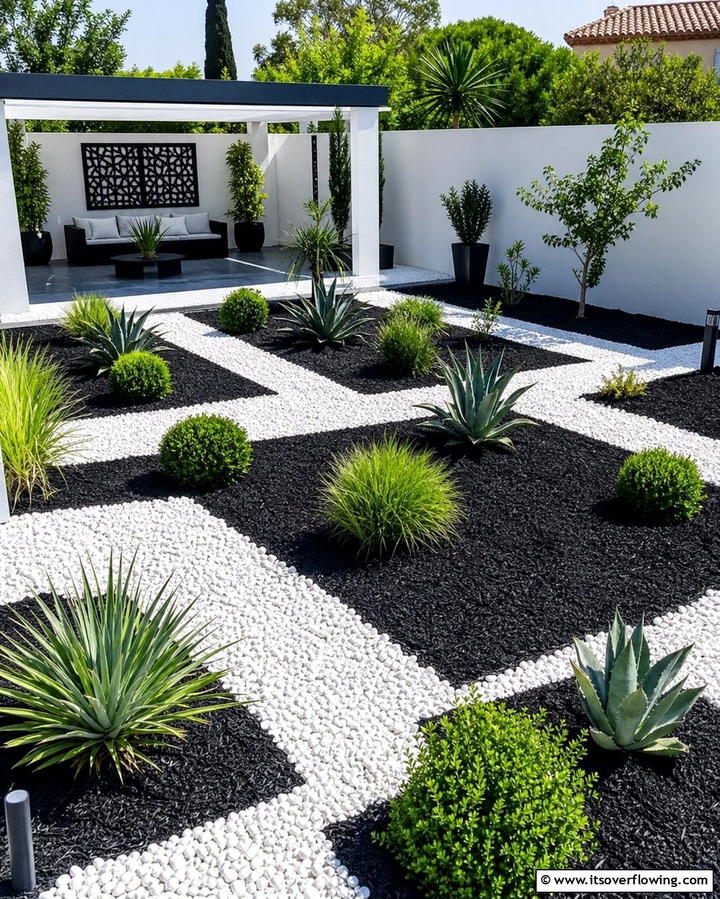 Contrasting Black Mulch with White Pebbles - 25 Black Mulch Landscaping Ideas for a Sleek Garden