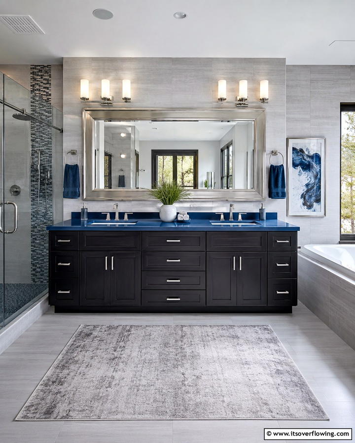 Contrasting Black Vanity with Blue Countertops - 30 Striking Black and Blue Bathroom Ideas for Dramatic Flair