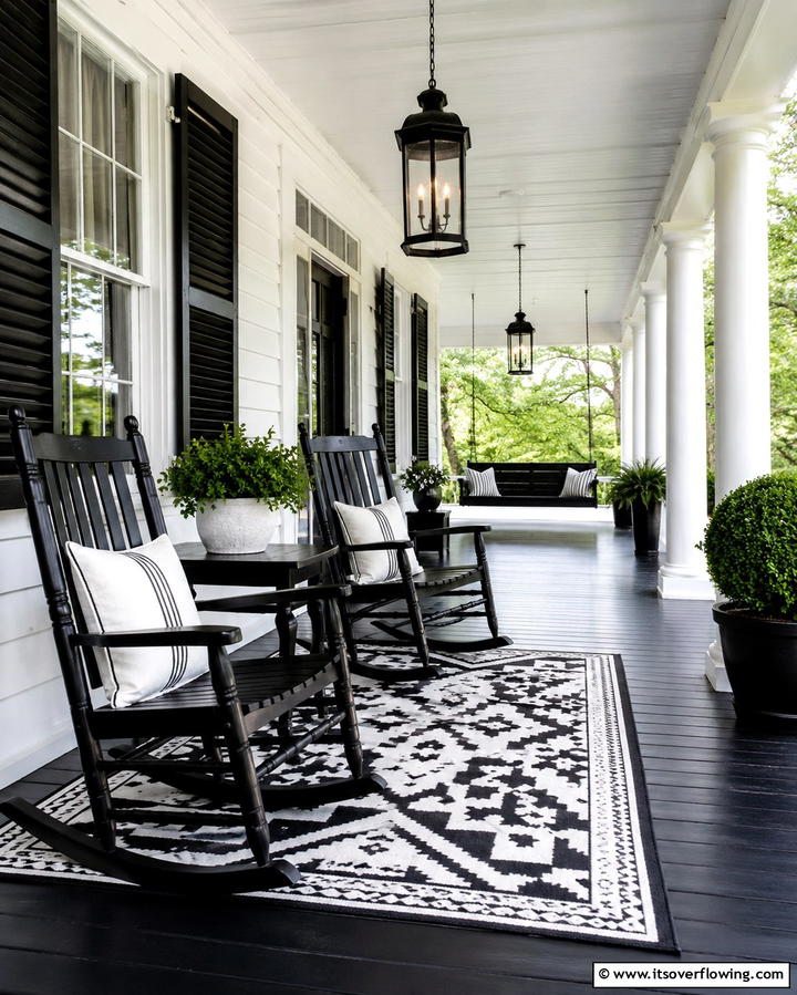 Contrasting Black and White Decor - 30 Inviting Black Porch Ideas for a Modern Outdoor Oasis