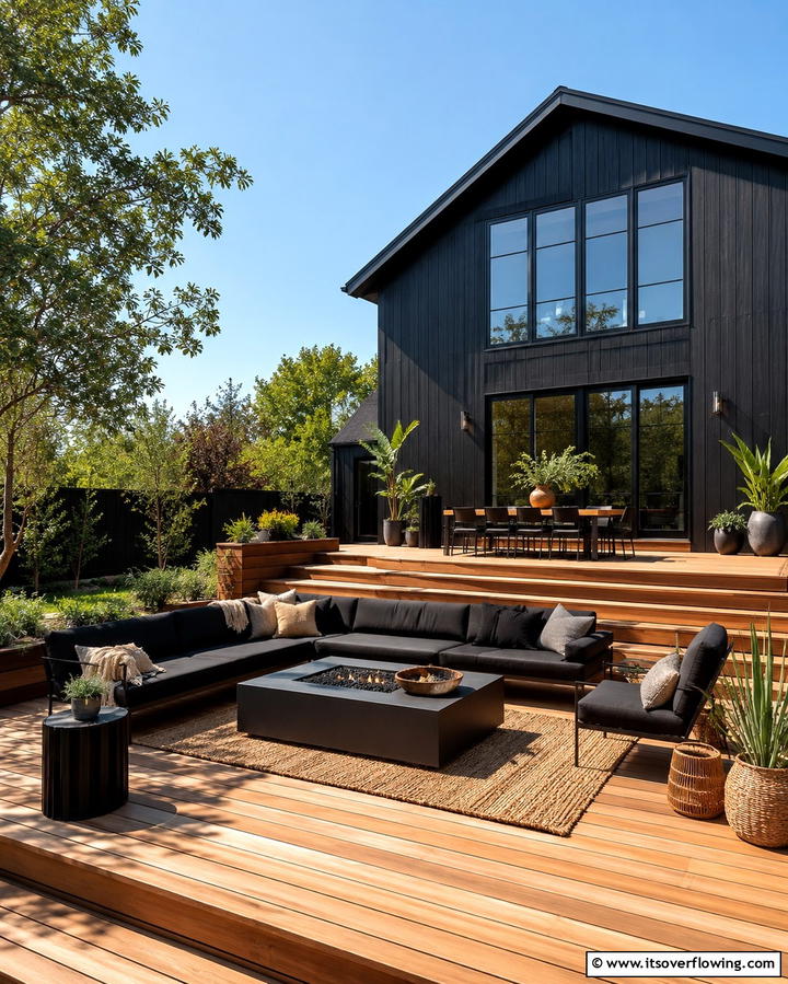 Contrasting Cedar Deck Against Black Siding - 30 Modern Black Houses with Cedar Accents for Striker Exteriors