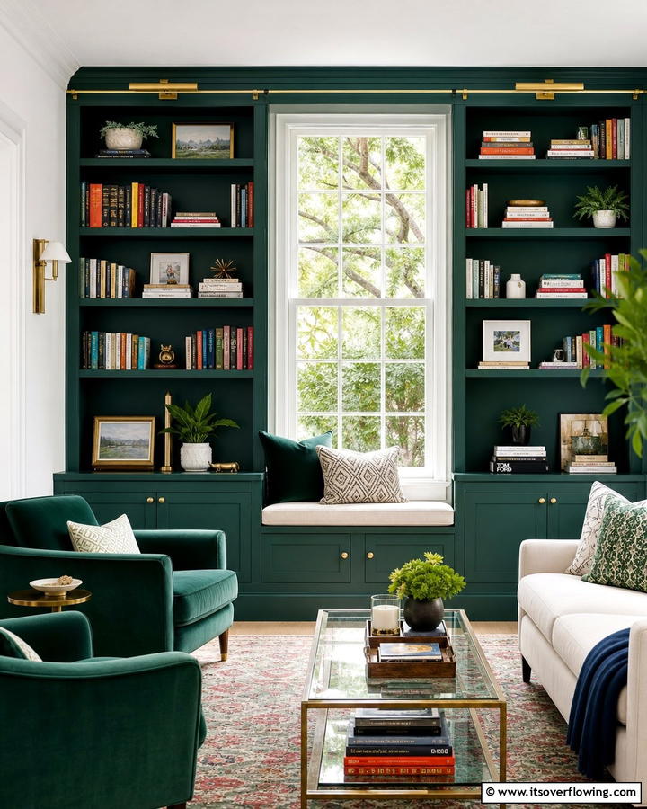 Contrasting Colors for Bold Bookcases - 20 Bookcases Around Window Design Ideas- Functional Decor