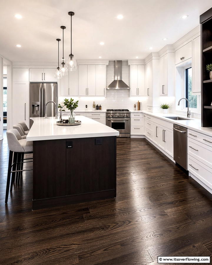 Contrasting Dark Flooring for Depth - 25 White Kitchen with Stainless Steel Appliances Ideas