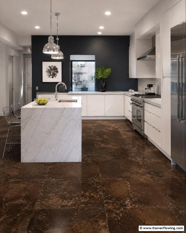 Contrasting Dark Tones - 25 Travertine Floor Kitchen Ideas for Elegance