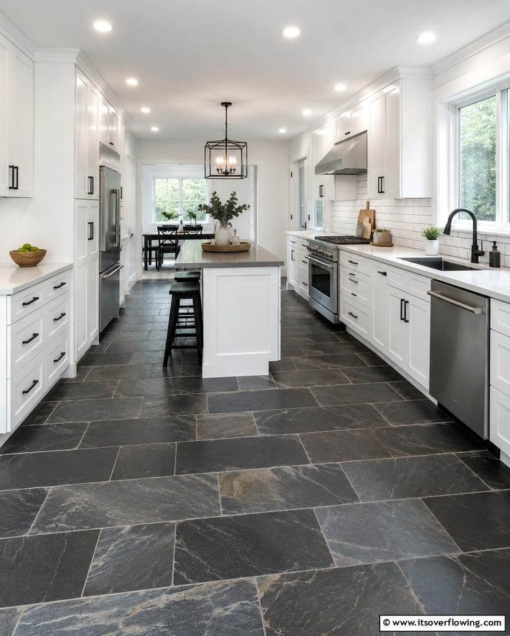 Contrasting Elements with White and Slate - 25 Kitchens With Slate Floors for a Durable and Stylish Look
