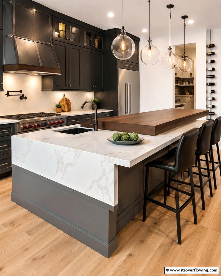 Contrasting Flooring Materials - 30 Modern Split Level Kitchen Design Concepts