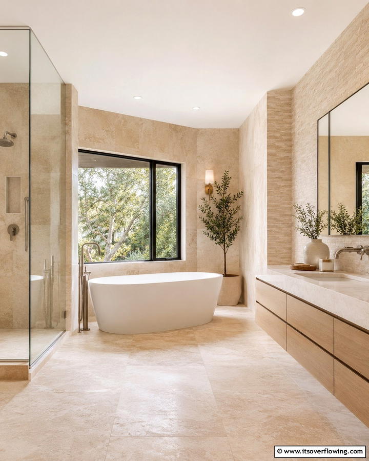 Contrasting Grout for Definition - 25 Travertine Tile Bathroom Ideas for Natural Beauty