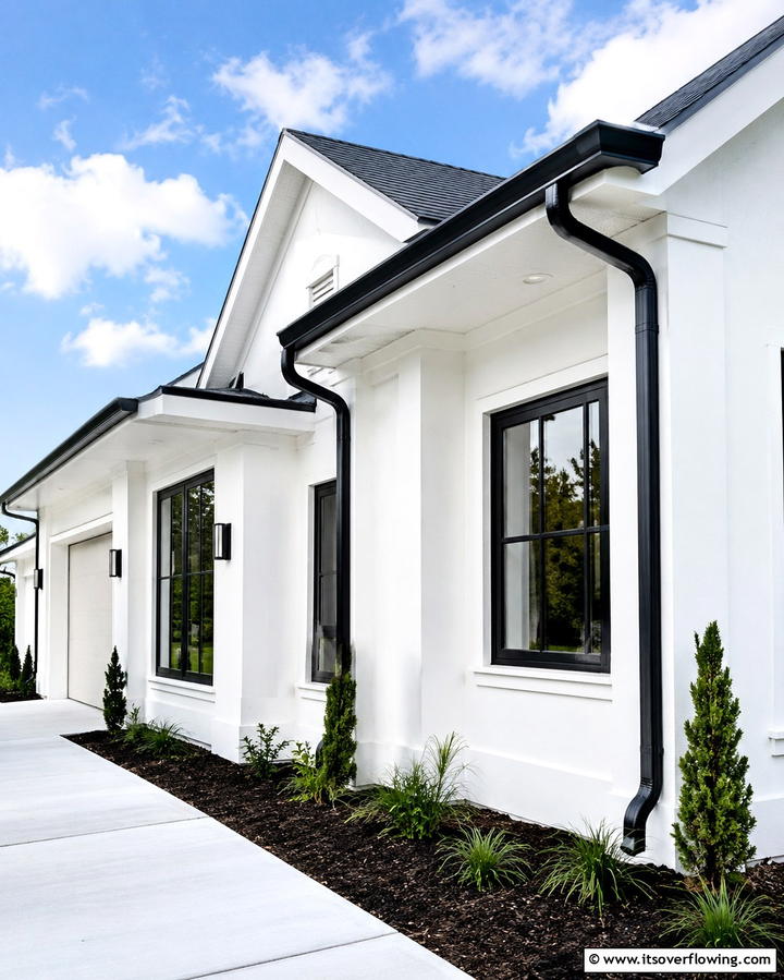 Contrasting Gutters Black Gutters on White Rooflines - 30 Single-Story White House Black Trim Exterior Inspirations