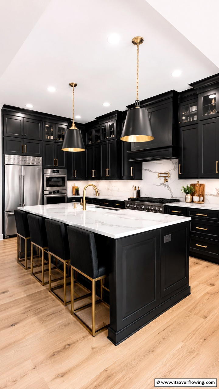 Contrasting Hardware Black Cabinets - 30 Black Kitchen Cabinet Ideas for Bold Modern Spaces
