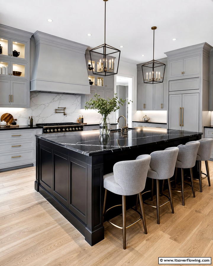 Contrasting Island for a Focal Point - 25 Kitchen Ideas with Gray Cabinets and Black Countertops