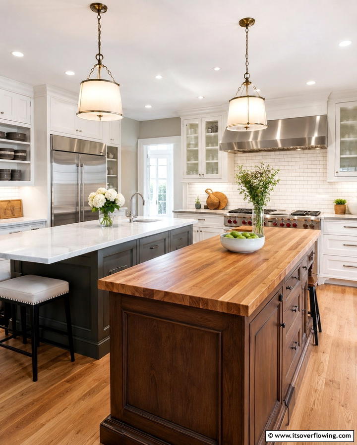 Contrasting Materials for Visual Impact - 25 Double Island Kitchen Ideas for Spacious Cooking