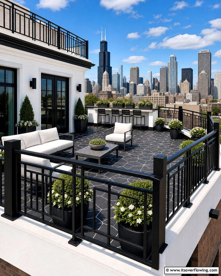 Contrasting Patio Railings - 25 Black and White Patio Ideas for a Timeless Look