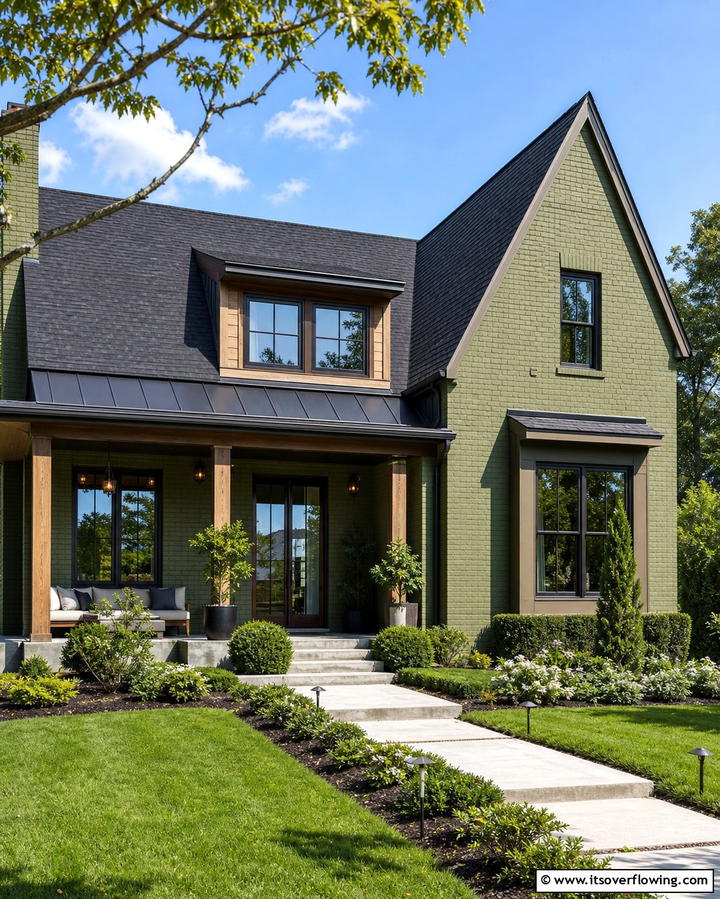 Contrasting Roof Choices - 25 Sage Green Painted Brick House Ideas for a Fresh Look