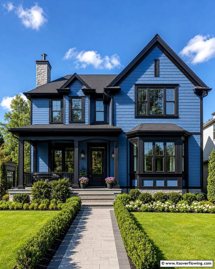 Contrasting Roof and Trim Details - 25 Blue House With Black Trim Ideas for a Striking Exterior