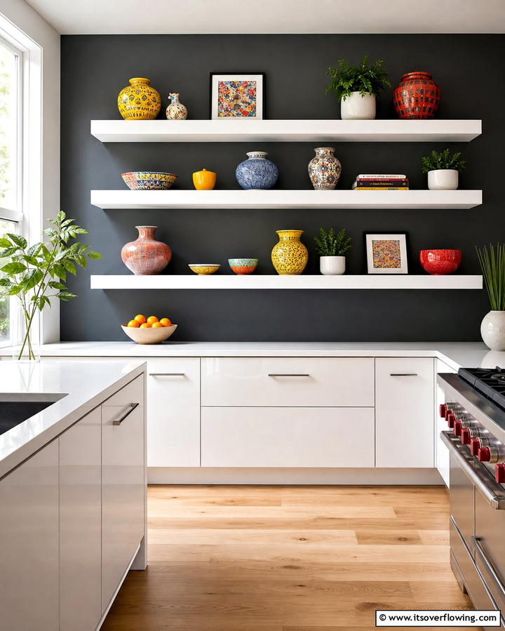 Contrasting Shelves Against Bold Walls - 25 Open Shelving Kitchen Ideas for a Modern Look